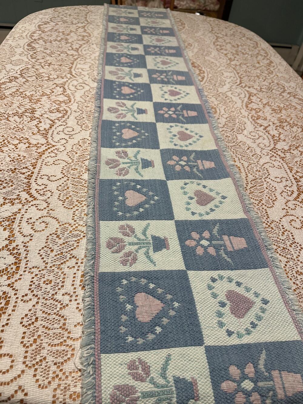 90s Country Tapestry Table Runner Hearts Flowers Checked Fringed 65x11
